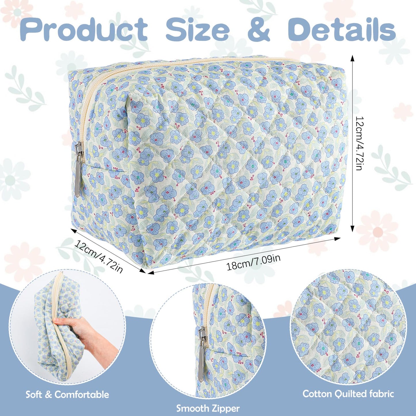 Sunnymove 6 Pcs 8 Inch Large Quilted Makeup Bag Bulk Floral Cosmetic Bag Bridesmaid Gifts Women Floral Cotton Quilted Pouch Travel Toiletry Coquette Aesthetic Makeup Organizer for Women