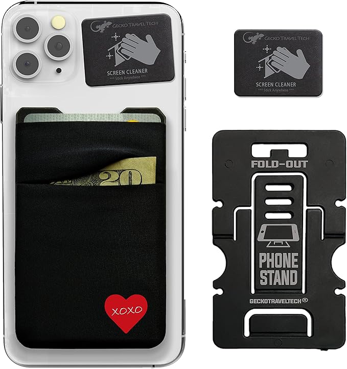 Gecko Travel Tech Double Pocket - Adhesive Card Holder - Cell Phone Pouch - Stick on Spandex Pocket - Carry Credit Cards and Cash (HEART)