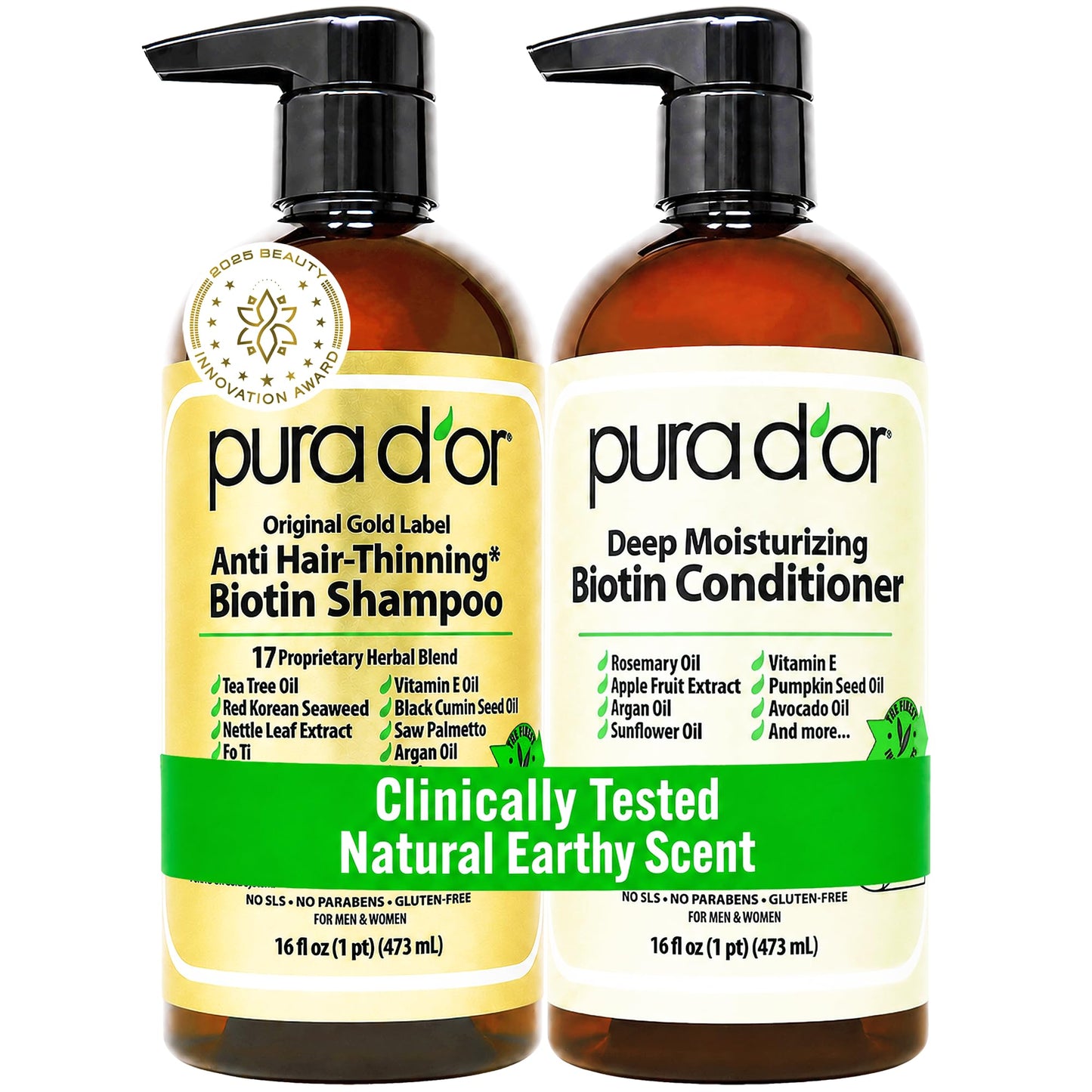 PURA D'OR Anti-Thinning Biotin Shampoo & Hair Regrowth Conditioner, CLINICALLY TESTED Effective Results, Thickening Herbal Blend For Women & Men, Original Gold Label Set, Natural Earthy Scent, 16oz x2