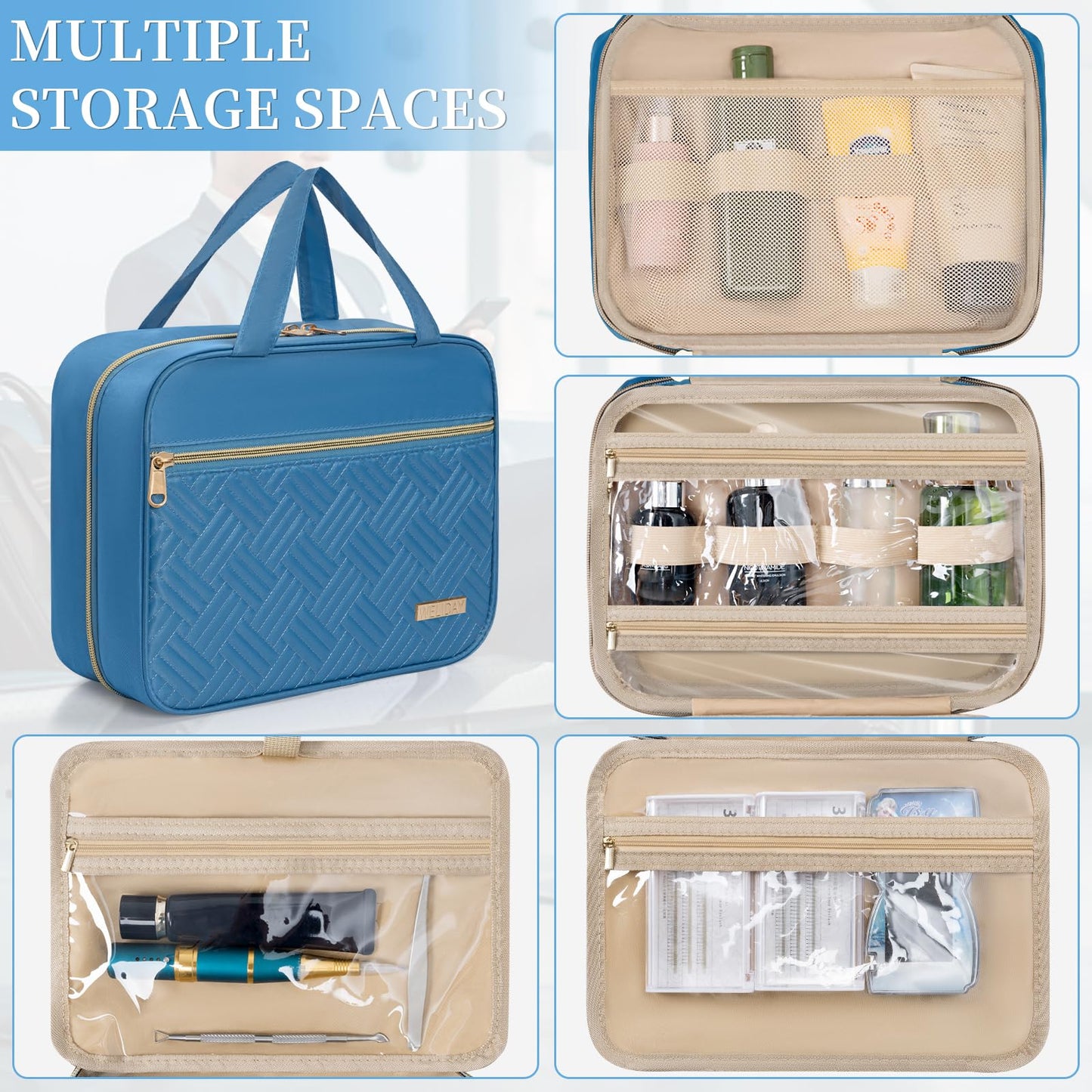 WELIDAY Travel Toiletry Bag for Women & Men Water Resistant Makeup Bag with Hanging Hook Portable Travel Organizer for Travel Accessories, Travel-Sized Shampoo, Toiletries (Large-Blue)