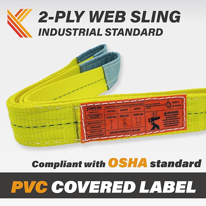 2-Ply Lifting Straps 2”x 4 ft Webbing Sling Tree Saver 2Pack Heavy Duty Web Strap Rigging Moving Towing Hoisting Gear KODIAK STRAPS