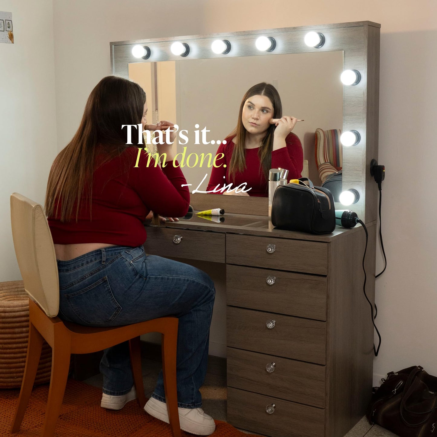 Boahaus Luna Vanity Desk with Framed Bulb Mirror – 7 Drawer Integrated Makeup Station (Greige, Bulb Mirror)