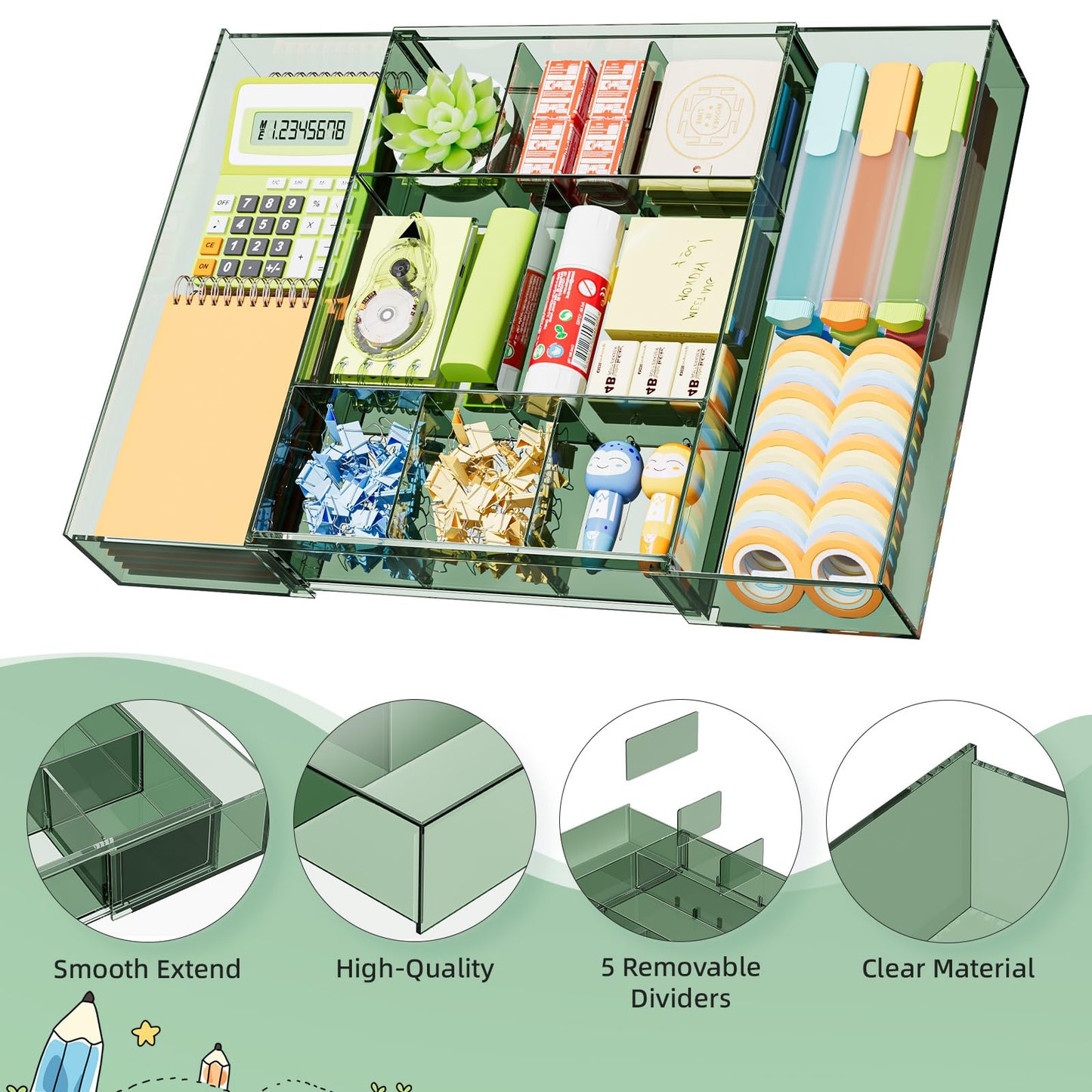 Marbrasse Expandable Desk Drawer Organizer, Clear Plastic Drawer Organizer Tray with 10 Adjustable Compartments, Desk Organizers and Accessories, 5 Drawer Dividers for Office Supplies(Clear Green)