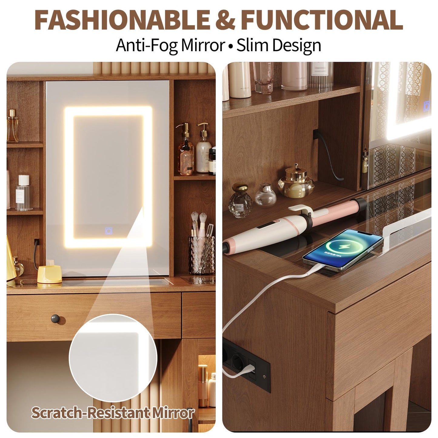 Garvee Large Vanity Desk with Sliding Mirror & 3-Color LED Lights, Makeup Dressing Table with Storage Drawers, Shelves, Cabinets, USB Outlets, MDF Beauty Station, Easy Assembly