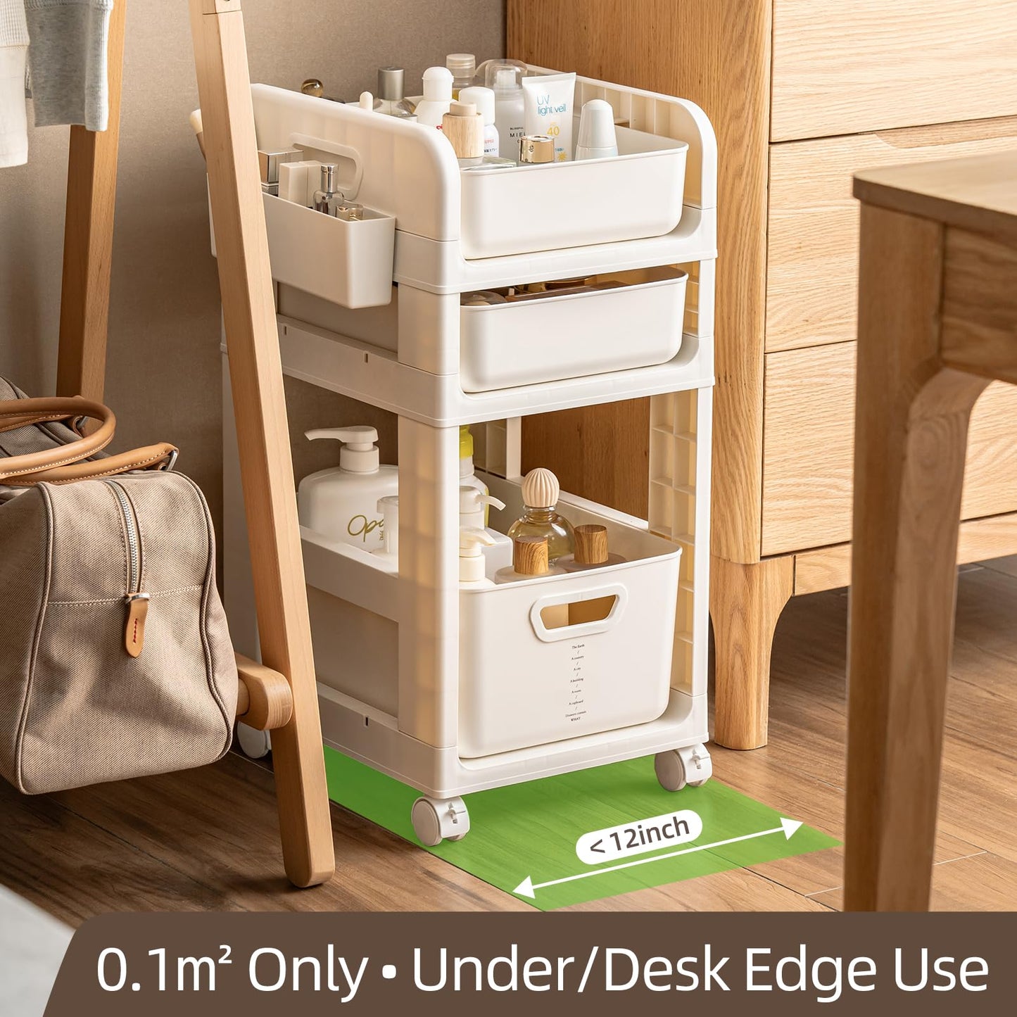 Rolling Makeup Organizer Cart with Removable Drawer, 3 Tier Stable White Floor Skincare Storage Cart for Vanity, Cosmetic Display, Nail Polish, Perfume, Hair Stuff, Beauty, Bathroom (3 Tier White)