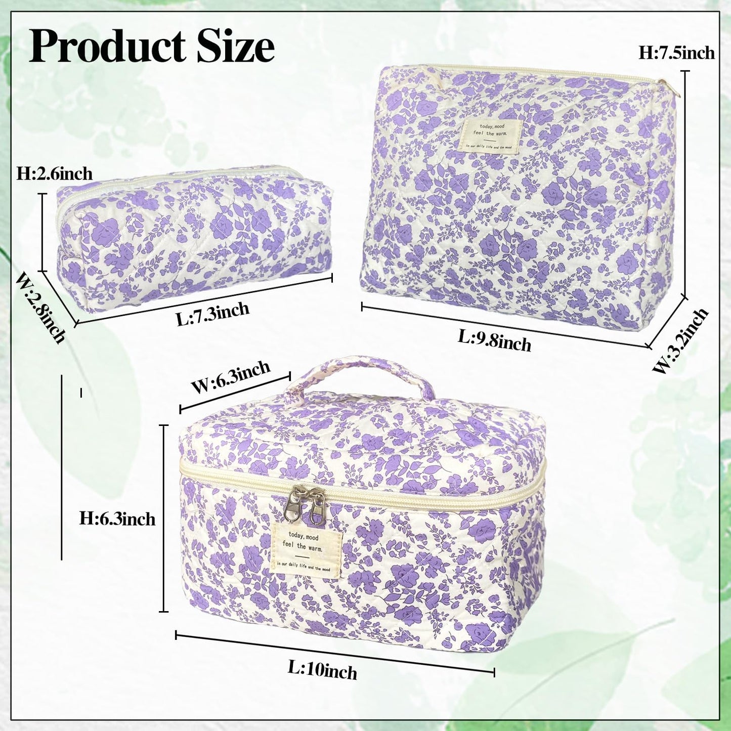 WYJ Purple Large Quilted Floral Makeup Bag Set of 3 Cute Coquette Aesthetic Cosmetic Bag Set Travel Toiletry Bag for Women