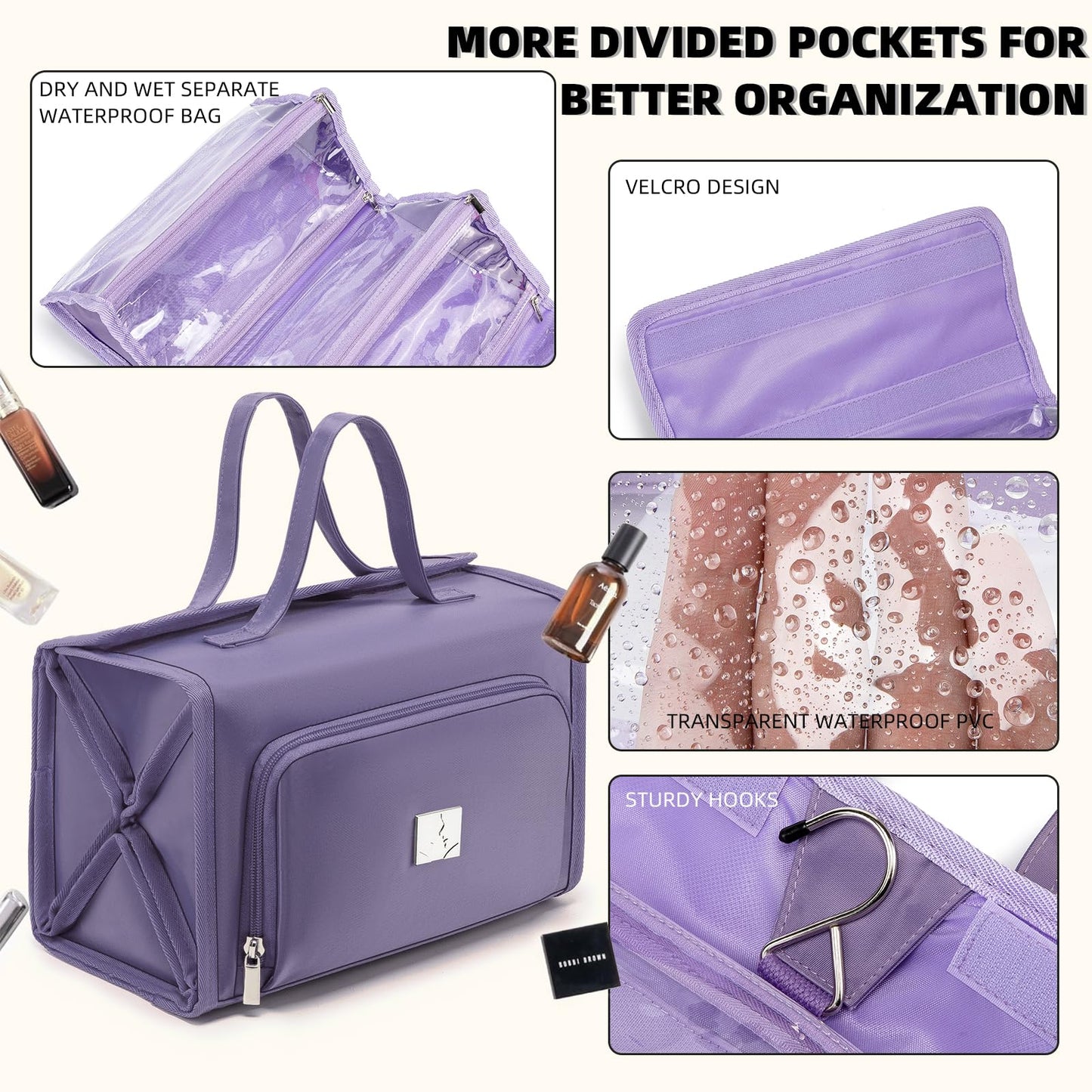 ROYALFAIR Roll Up Makeup Bag, Waterproof Toiletry Bag for Women, Hanging Travel Organizer bags with Jewelry Organizer Compartment, Extra Large 4 Clear TSA Approved Pouches Cosmetic Makeup (violet)