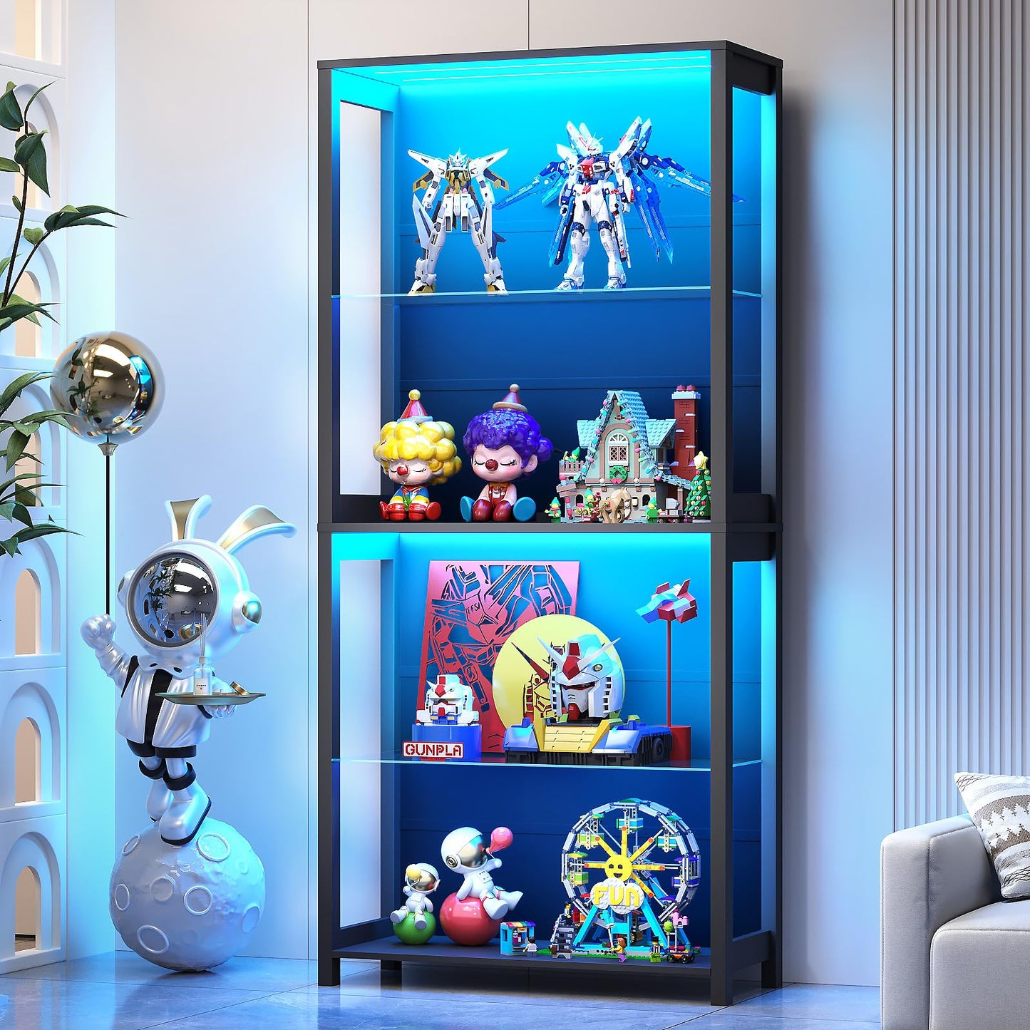 Aauro Home Display Cabinet with Glass Shelves, 4-Tier Display Shelf with LED Lights, Glass Display Case with Removable Shelves, Curio Cabinet for Collectibles, Black