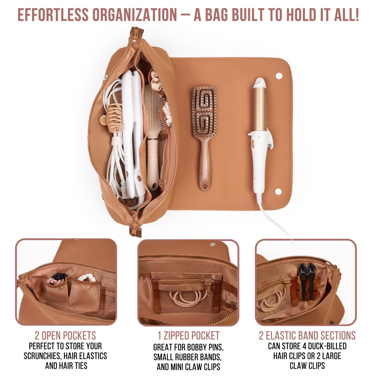 BAREFOOT CARIBOU Hair Tools Travel Bag and Heat Resistant Mat (15.5") for Flat Irons, Straighteners, Curling Iron, Haircare Accessories, 2-in-1 design, Interior Pockets, Portable Organizer (Brown)