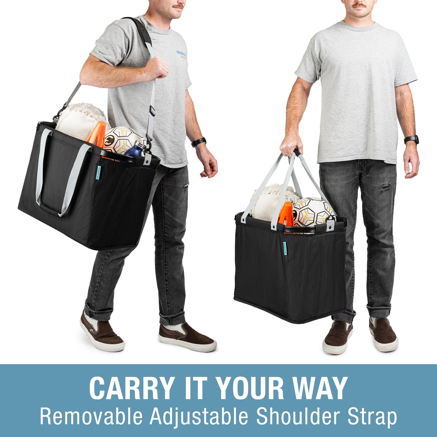 CleverMade Gear Hauler Pro Collapsible Outdoor Tote with Aluminum Frame, Heavy-Duty Recycled Fabric Utility Bag for Camping, Beach, Travel & Grocery Hauling, 14 Gal / 55L & 100 Lb Capacity - Midnight