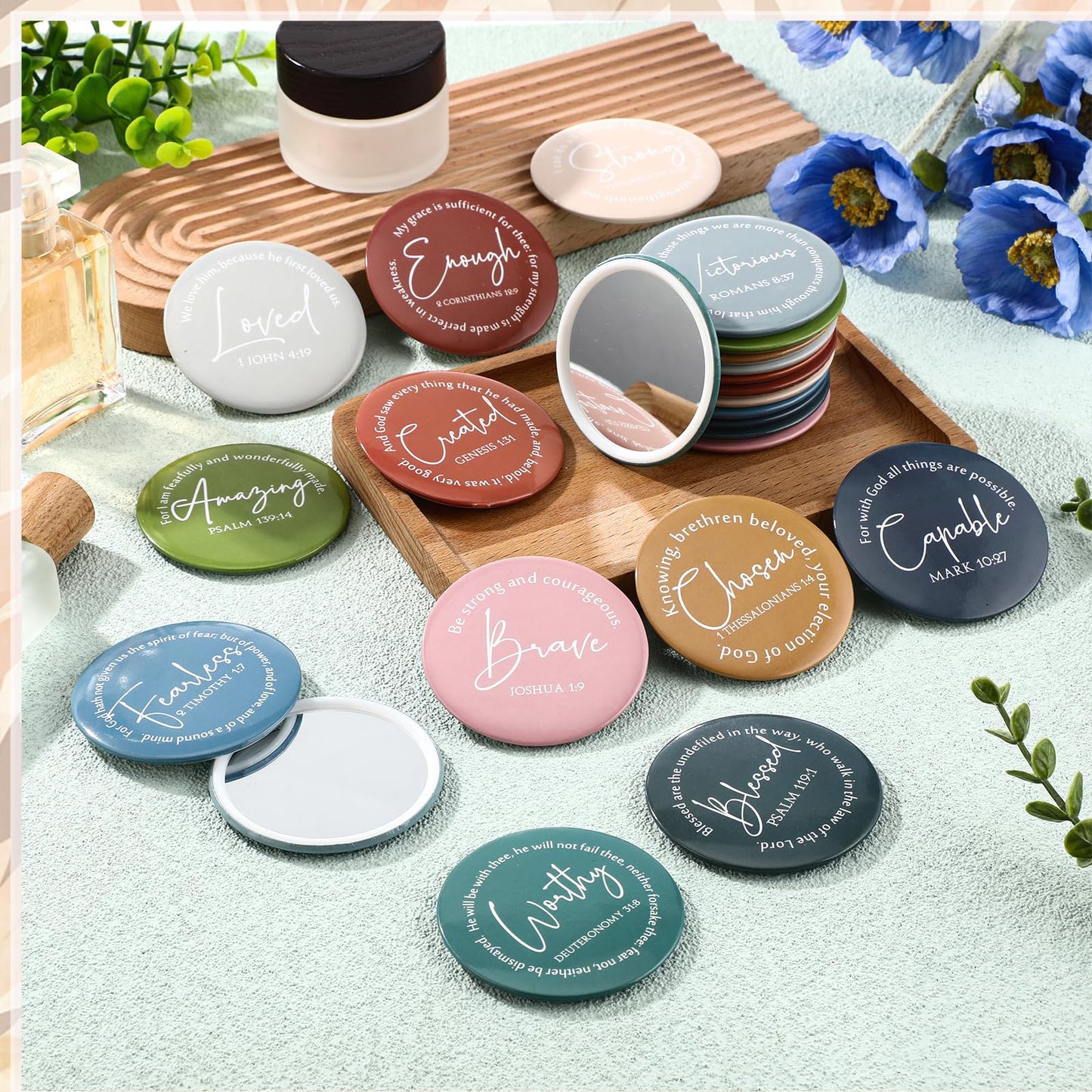 Geelin Mini Christian Gifts Mirror for Women Bulk Inspirational Bible Verse Scripture Portable Mirrors Small Church Gifts for Mother Women History Month VBS Party Favor(48 Pcs,Morandi)