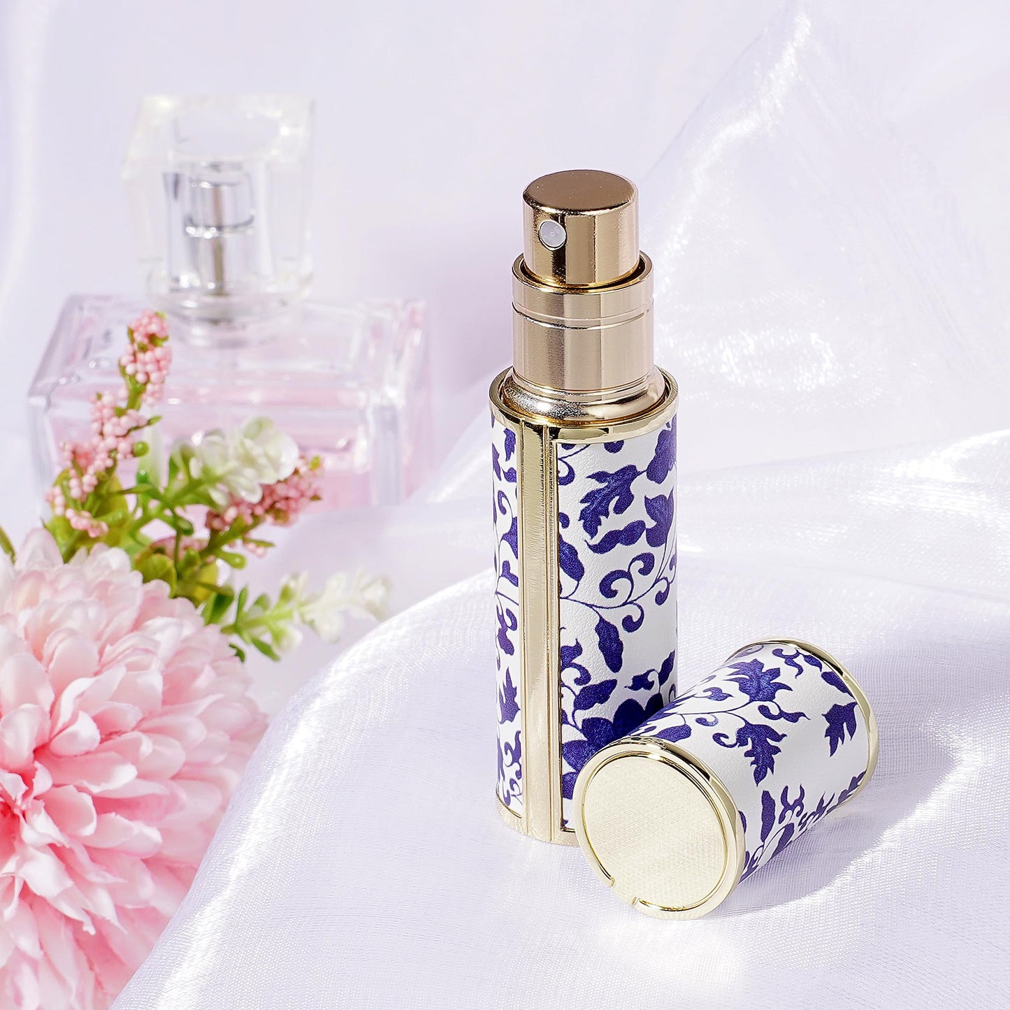 LUEXBOX Portable Perfume Bottle for Travel, Mini Refillable Perfume Dispenser, 5ml Faux Leather Leak Proof Perfume Atomizers, Blue and White Bottles Sprayer for Pocket Perfume (Blue branch)