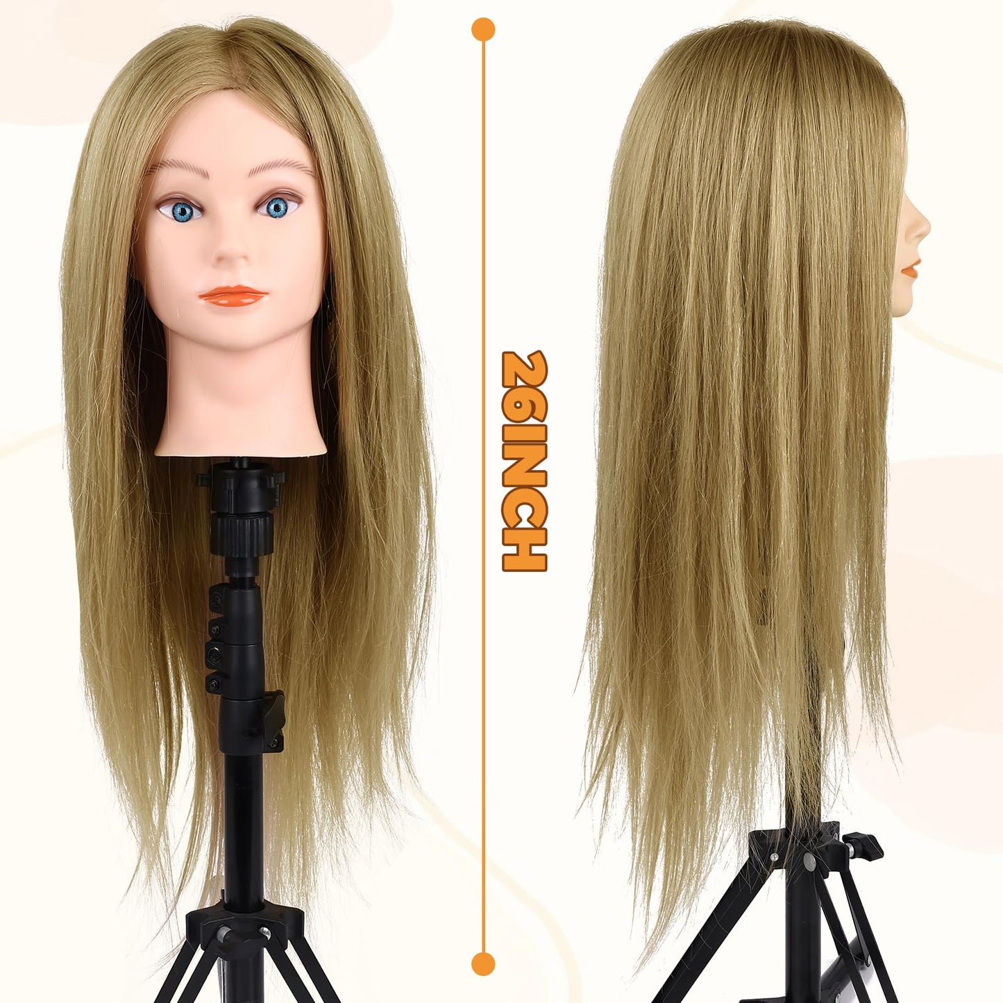 90% Real Hair Mannequin Head, Cenoz 26" Hairdresser Cosmetology Training Head with Stand and Tool, Manikin Training Practice Head, Doll Head for Hair Styling (Brown)