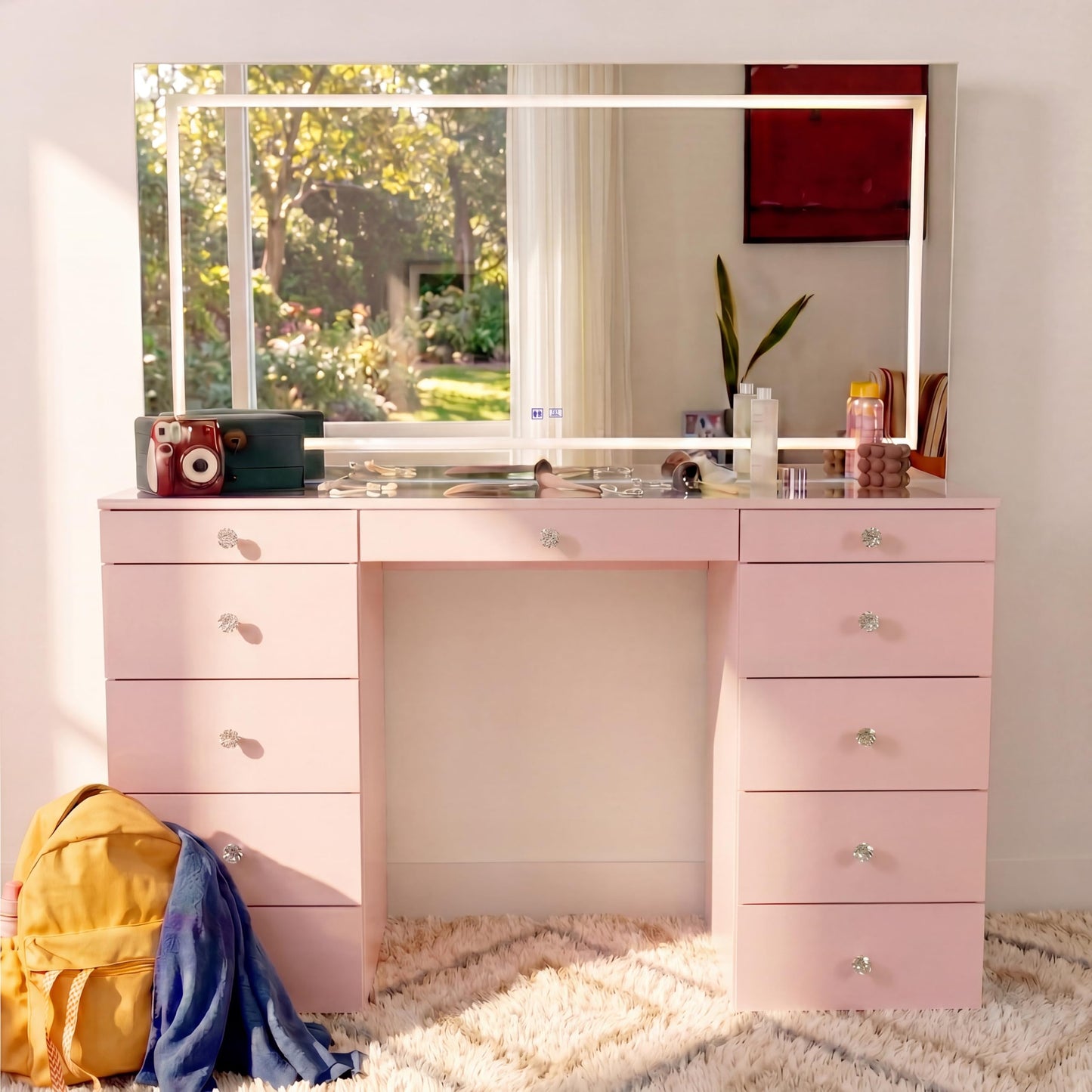 Boahaus Elara Extra-Large Vanity Desk with LED Mirror – Complete Makeup Station with Integrated Power & Built-in Speakers