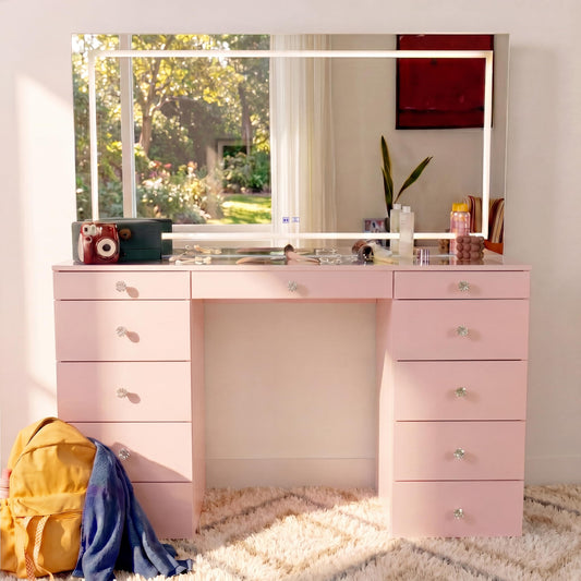 Boahaus Elara Extra-Large Vanity Desk with LED Mirror – Complete Makeup Station with Integrated Power & Built-in Speakers