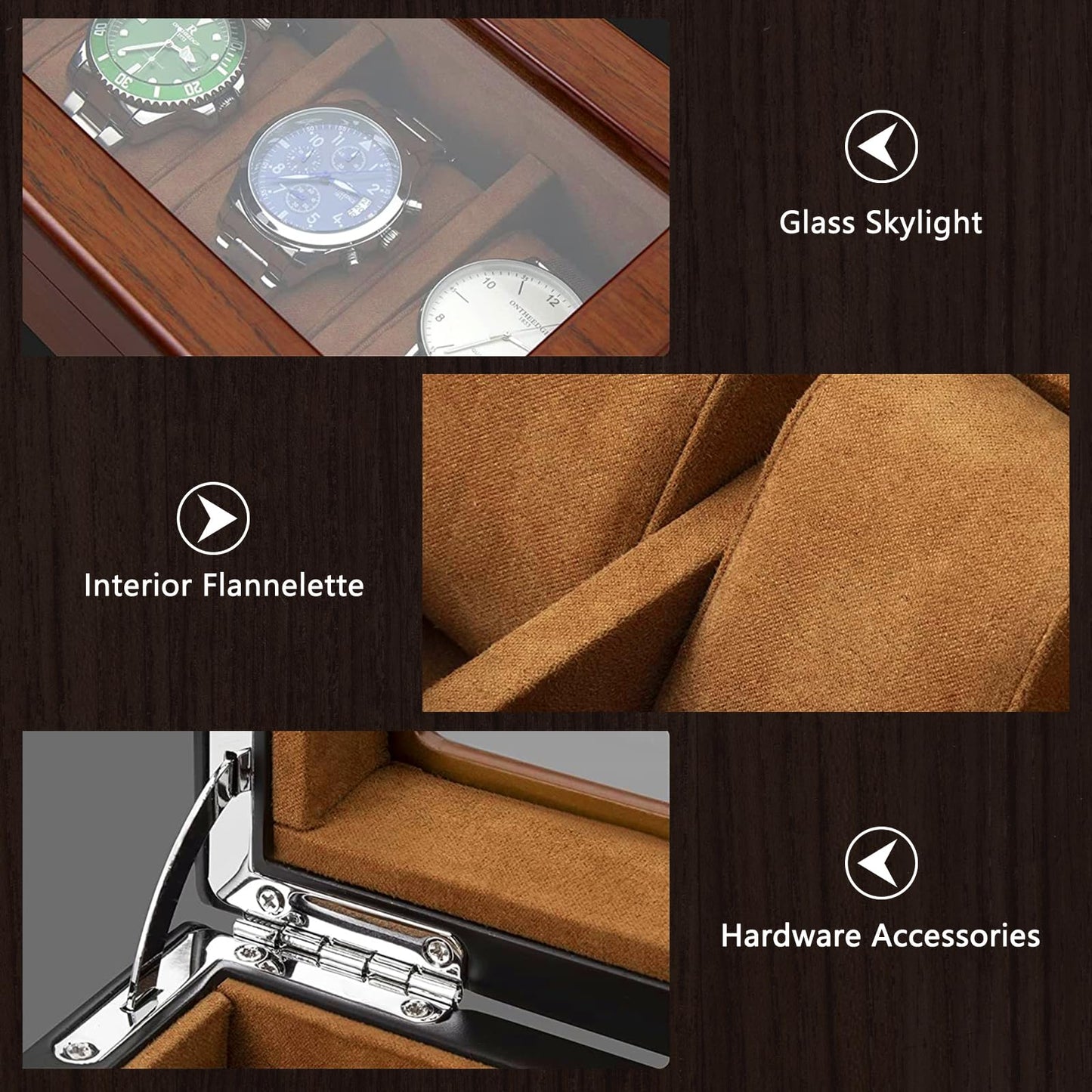 RoYiio 8 Slots Wood Watch Box for men, Watches Storage Box with Glass Lid & 8 Removable Velvet Pillow, Premium Watch Case Men Girls Father's Day Gift