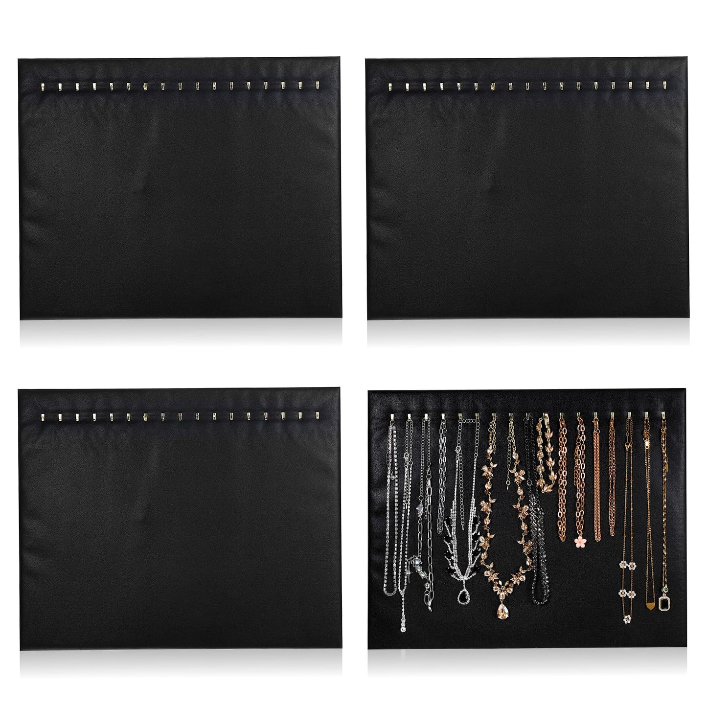 Nodaaiie 4 Pcs Black Jewelry Display Stands, Leather Necklace Organizer Boards with 17 Hooks for Selling, Shop Store Showcase, Chain Pendant Bracelet Storage