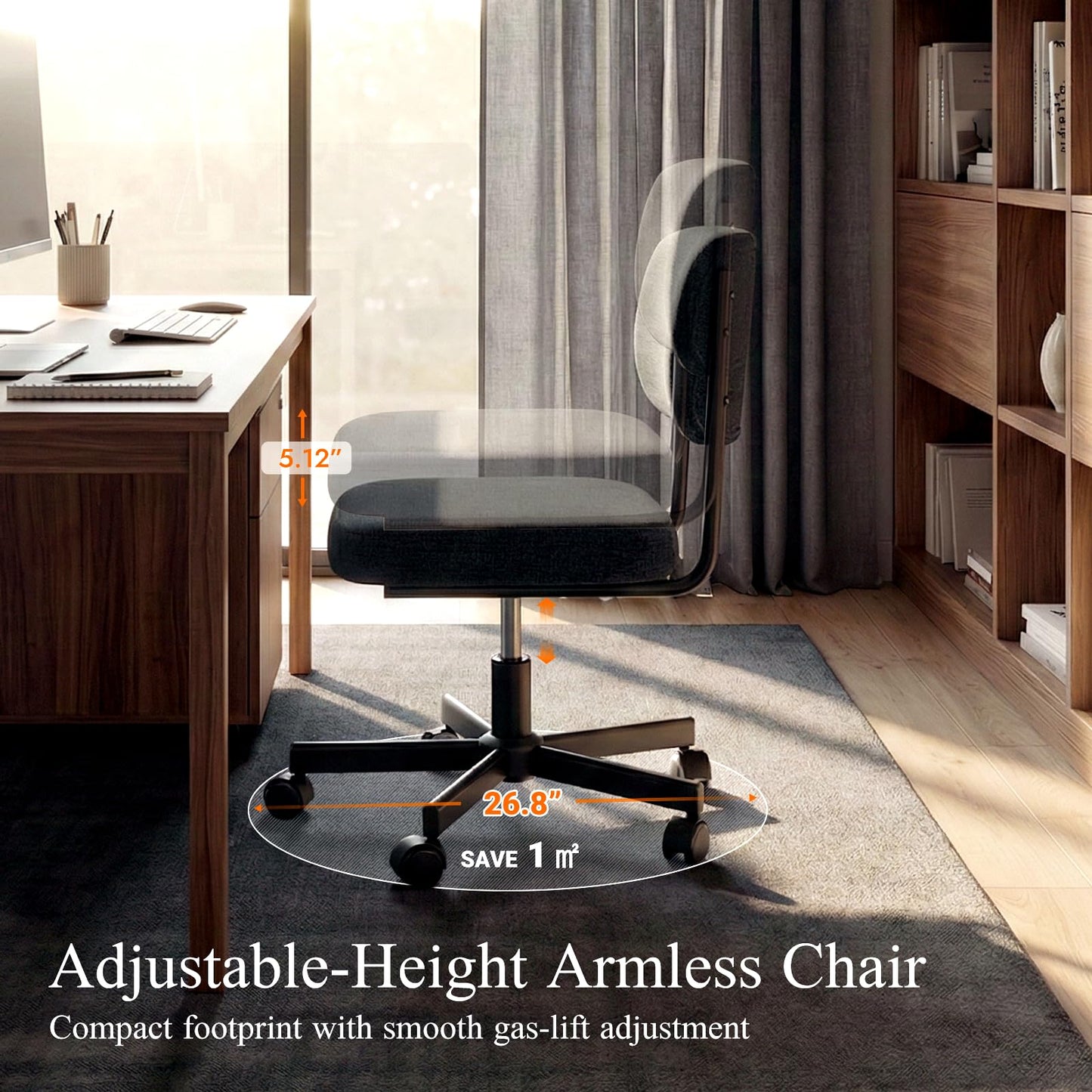 VATROS Vanity Chair with Wheels, Cute Armless Desk Chair with Back, Height Adjustable Swivel Small Office Chair, Comfy Fabric Computer Task Chair for Bedroom, Study, Dressing Room Black