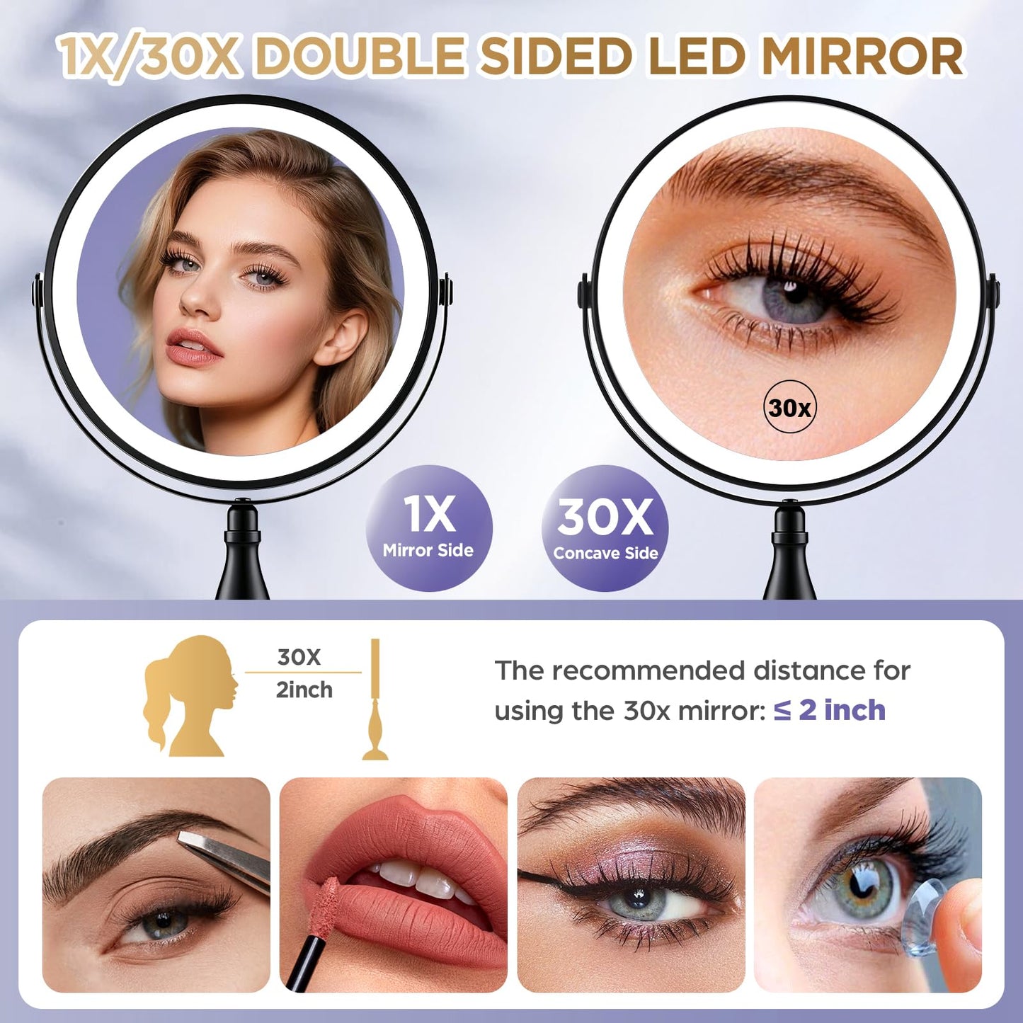 DASLAVA 30X Magnifying Mirror with Lights, 8" Dual Sided (1X/30X) Lighted Makeup Mirror, 360° Swivel, 5000mAh Rechargeable Side Touch & Side Charging, 3 Colors & Dimmable Brightness