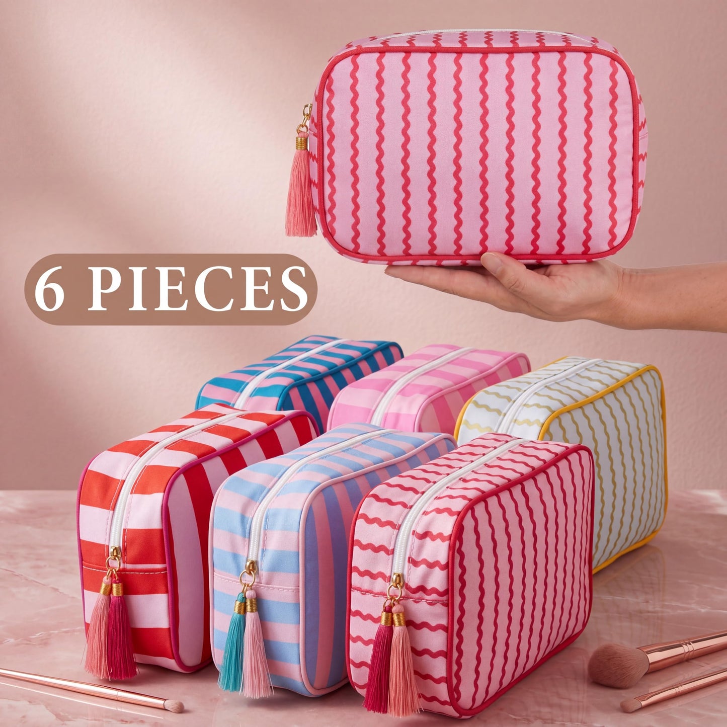 Kacctyen 6 Pack Mixed Color Striped Makeup Bag bulk with Tassel Travel Cosmetic Pouch Organizer Large Zipper Toiletry Case for Women Aesthetic Storage Pouch Mahjong Tile Bag