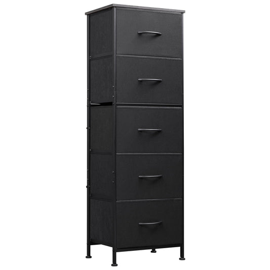WLIVE Fabric Dresser, 5-Drawer Tall Dresser for Bedroom, Storage Organizer with Fabric Bins, Wood Top, Sturdy Steel Frame, Chest of Drawers for Closet, Hallway, Charcoal Black