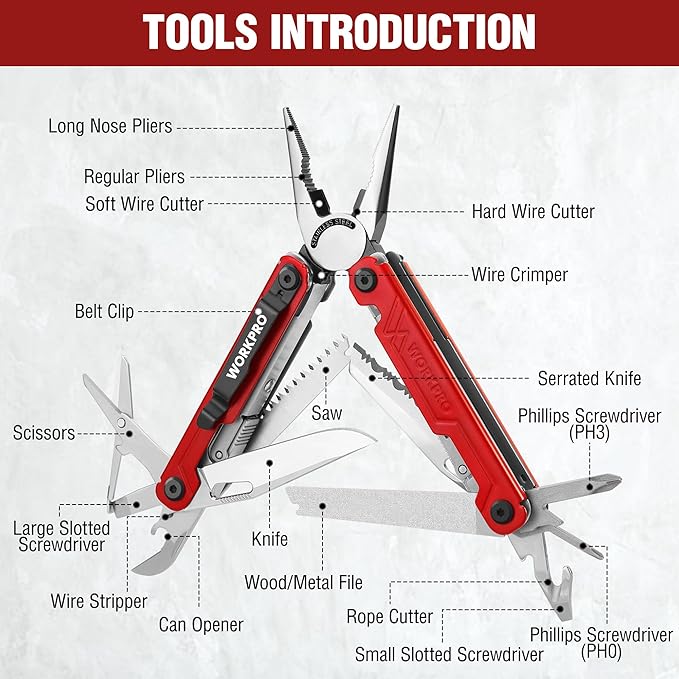 WORKPRO 18-in-1 Multi Tool Pliers, Gifts for Dad, Stainless Steel EDC Multitool with Pocket Knife, 2 Safety Locks, Belt Clip and Oxford Pouch, Multipurpose Utility Multiuse Tool for Outdoor Activities