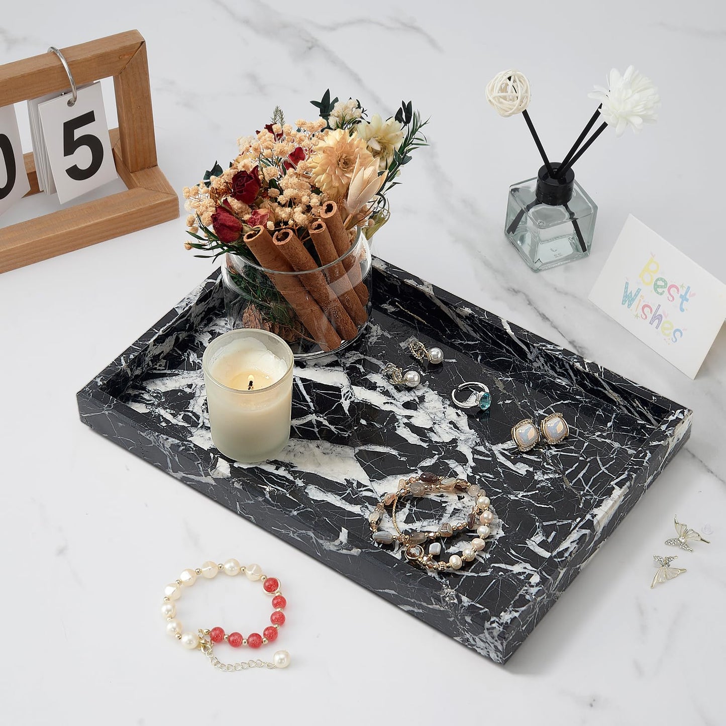 MULWR Marble Bathroom Tray,Pure Natural Vanity Tray,Marble Tray for Kitchen Counter Non-Ceramic/Non-Resin,Stone Trays 12 x 8 inch