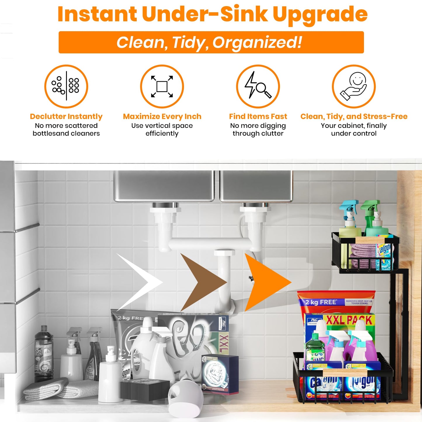 HOMVIA Under Sink Organizer, 2-Tier Pull-Out Cabinet Organizer – Adjustable Height, Left or Right Install – Smooth Slide-Out Drawers, Heavy-Duty Metal Rack for Kitchen & Bathroom, 1 Pack