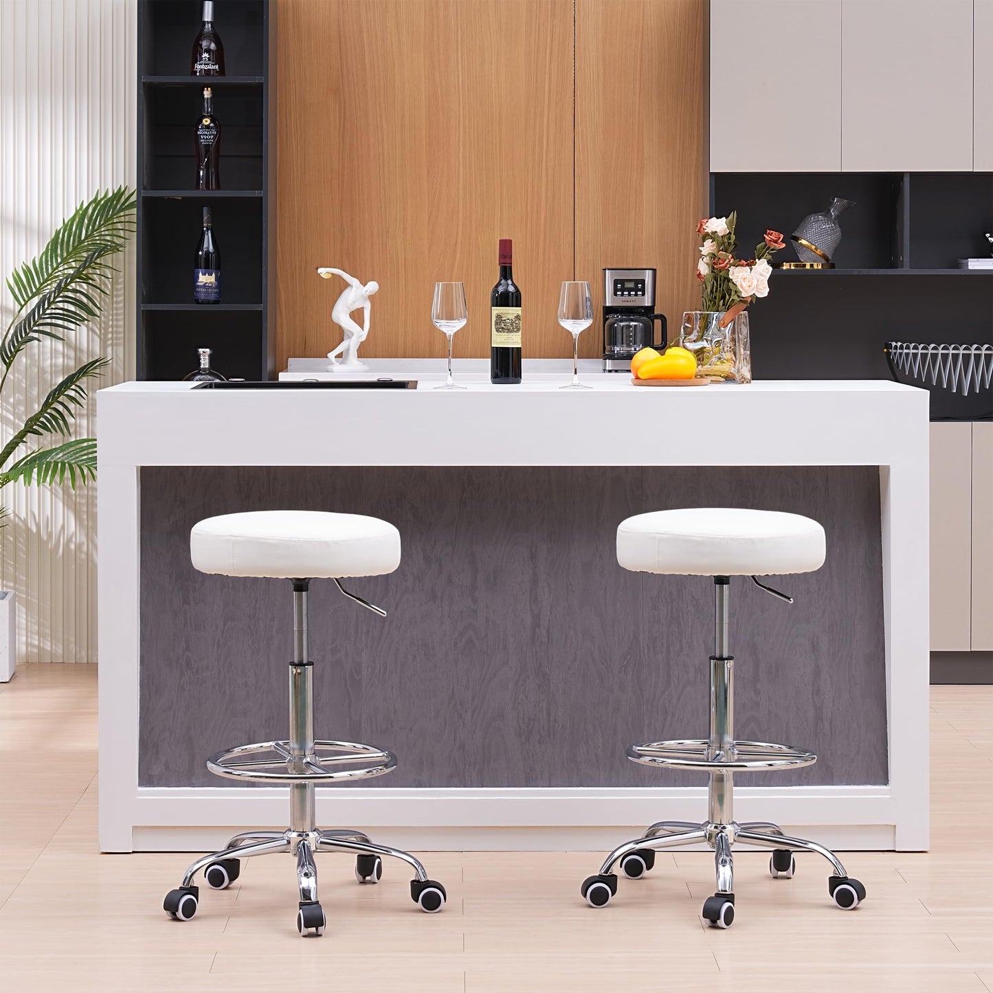 VECELO Round Rolling Stool with Footrest and Wheels, Easy Assembly PU Leather Height Adjustable Drafting Swivel Chair for Spa Salon, Office, Medical, Beauty, Bar, Lab, White