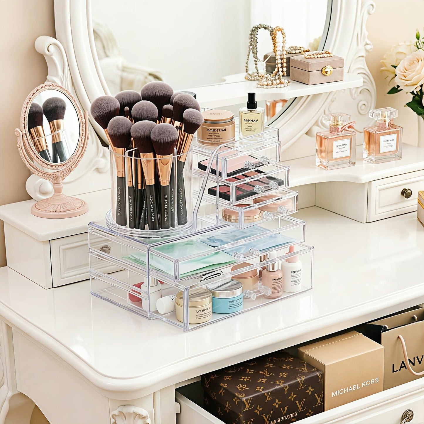 Mjepludh Clear Acrylic Makeup Organizer Countertop 360° Rotating & Removable Storage Tower, 5 Drawers Vanity Organizer for Lipstick, Brush, Skincare Makeup Storage for Dresser, Bathroom or Desk
