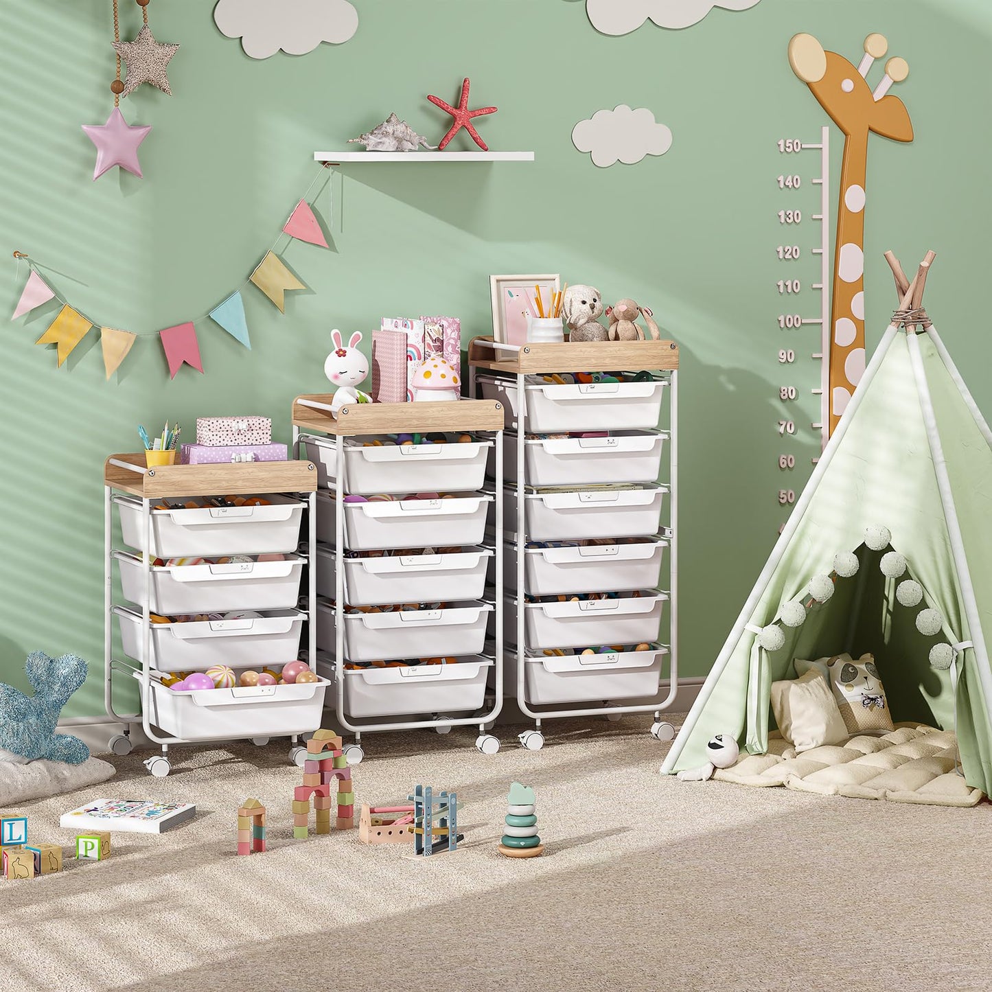 SYKIARIOL Rolling Cart with 6 Drawers,Utility Storage Cart with Drawers,Art Craft Organizers and Storage,Makeup Organizer with Wooden Tabletop,White