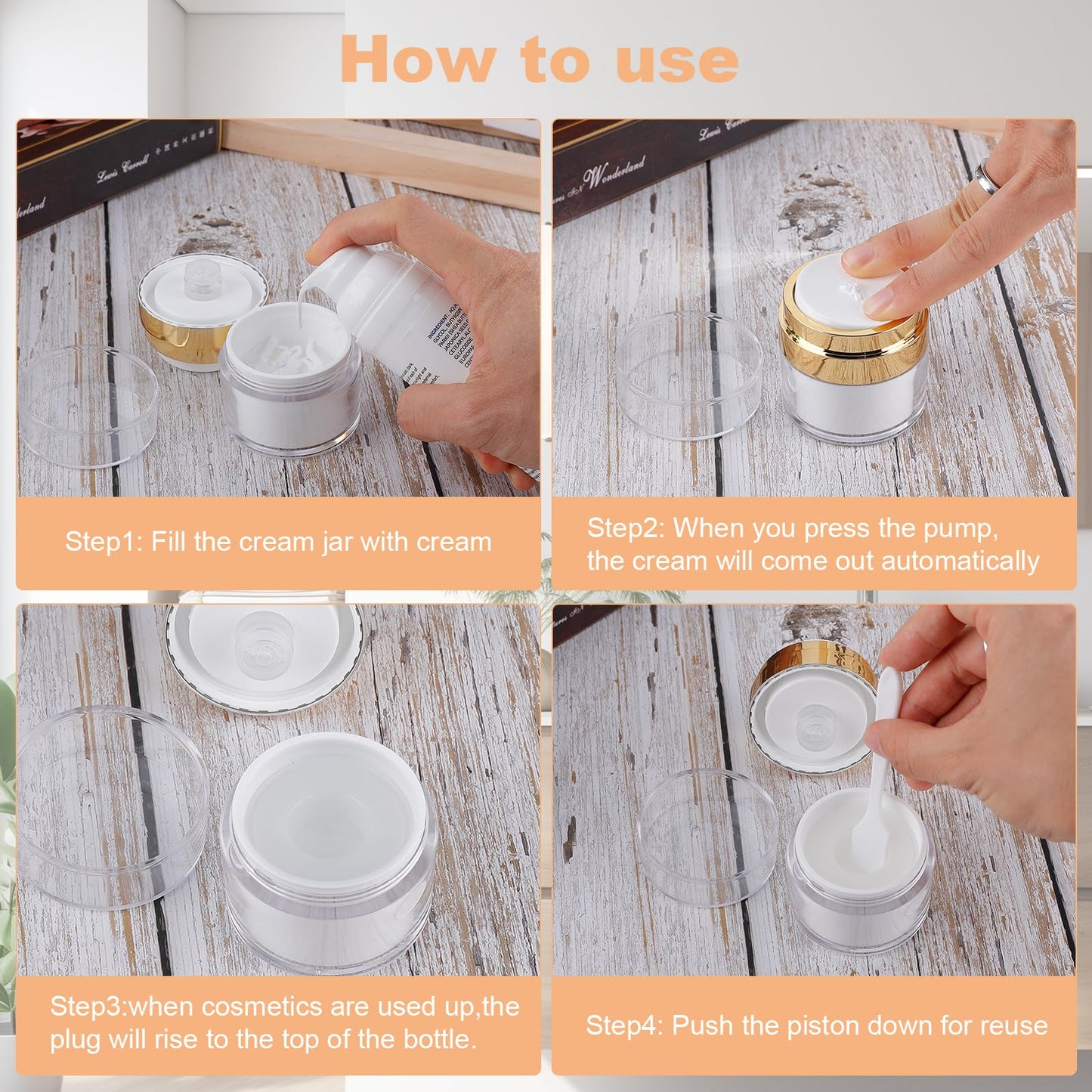 KOUWICH 20 Pack Airless Pump Jars Set, 3.34/1.7/1/0.5/oz Refillable Travel Size Containers, Gold Travel Bottles Empty Lotion Container, Glass Jars for Toiletries Moisturizer Container