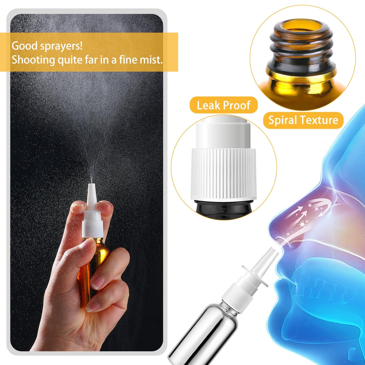 ZHWKMYP 20 Pcs Nasal Spray Bottle, 30ML/1OZ 12 Pcs Bright Plating Gold Silvery Black Empty Refillable Glass Nose Spray Bottle with 4 Funnels and 4 Labels