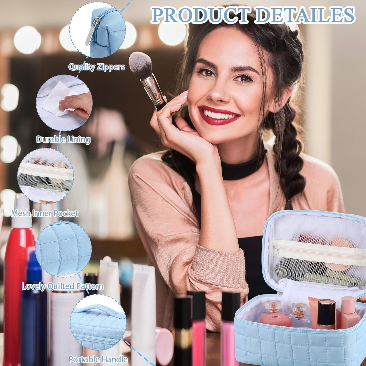 Huhumy 3 Pcs Large Puffy Makeup Bag Set Quilted Cosmetic Pouch for Women Cute Checkered Travel Toiletry Bag Puffer Makeup Organizer Purse Pouch Preppy Pencil Case with Zipper Valentine Gift(Blue)
