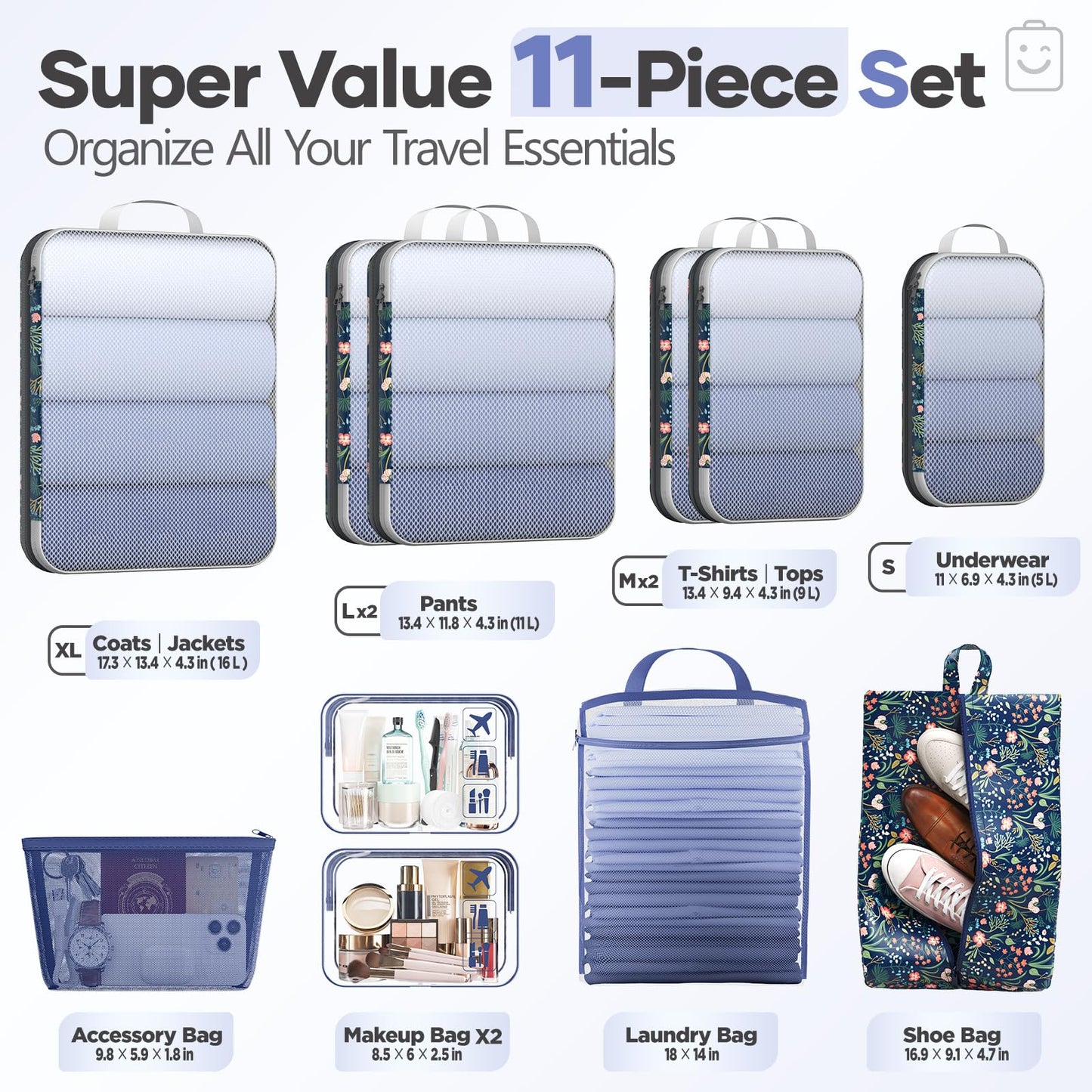 Veken 11-Pack Compression Packing Cubes for Travel Essentials,Compressible Expandable Large Luggage Suitcase Organizer Bags for Clothing,Durable Space Saver Bags with Toiletry Bags(Dark Blue Floral)