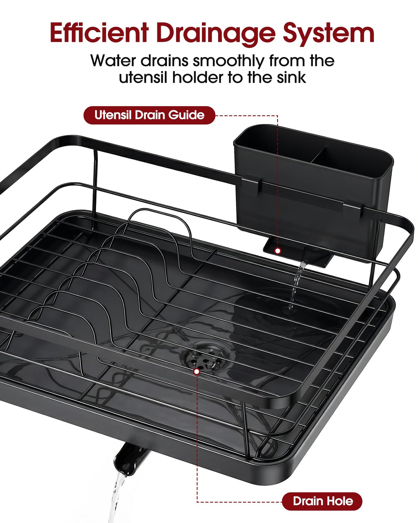 Sakugi Dish Drying Rack - Stainless Steel Dish Rack with Drainboard for Kitchen Counter and Sink, 15.6" D x 12" W x 5" H, Black