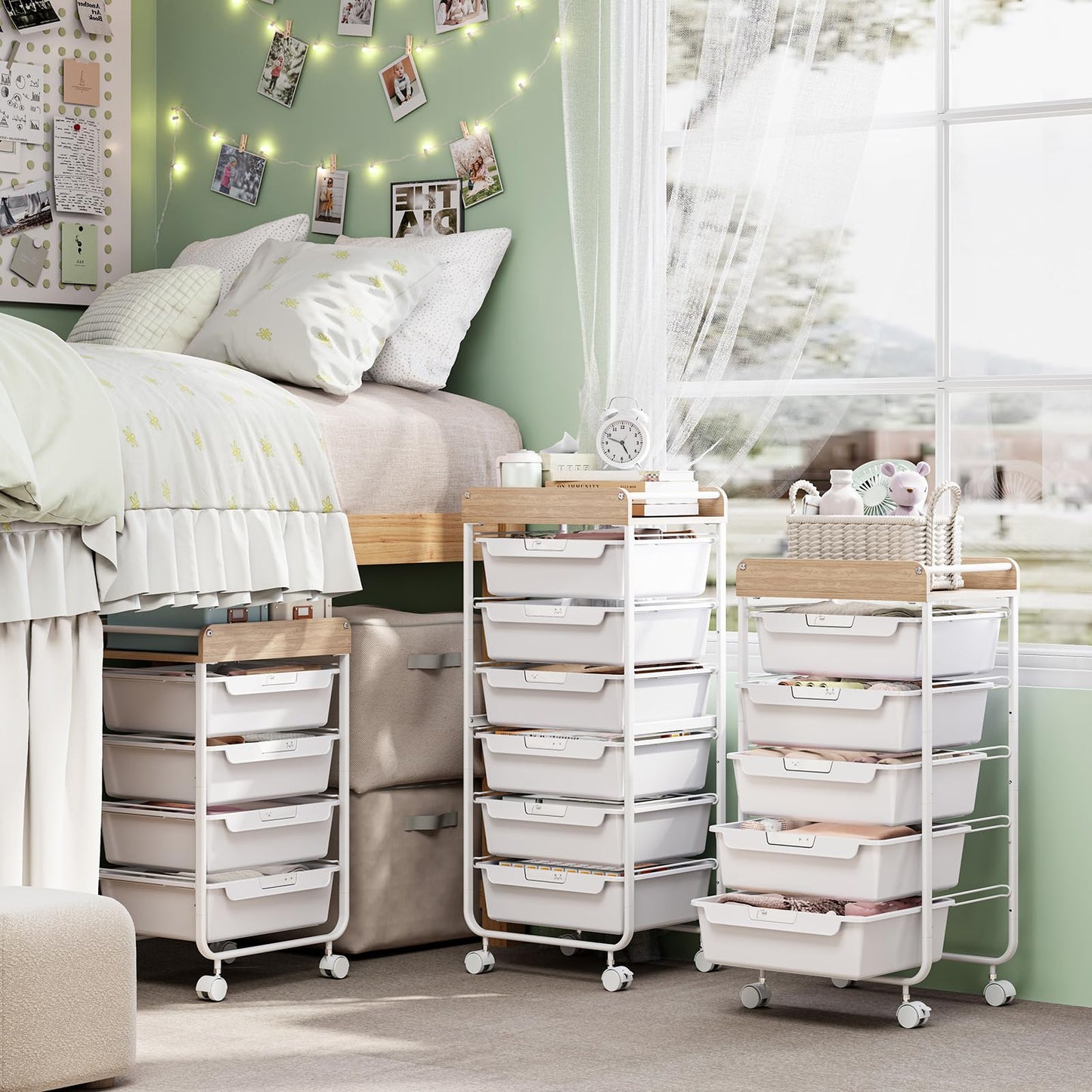 SYKIARIOL Rolling Cart with 6 Drawers,Utility Storage Cart with Drawers,Art Craft Organizers and Storage,Makeup Organizer with Wooden Tabletop,White