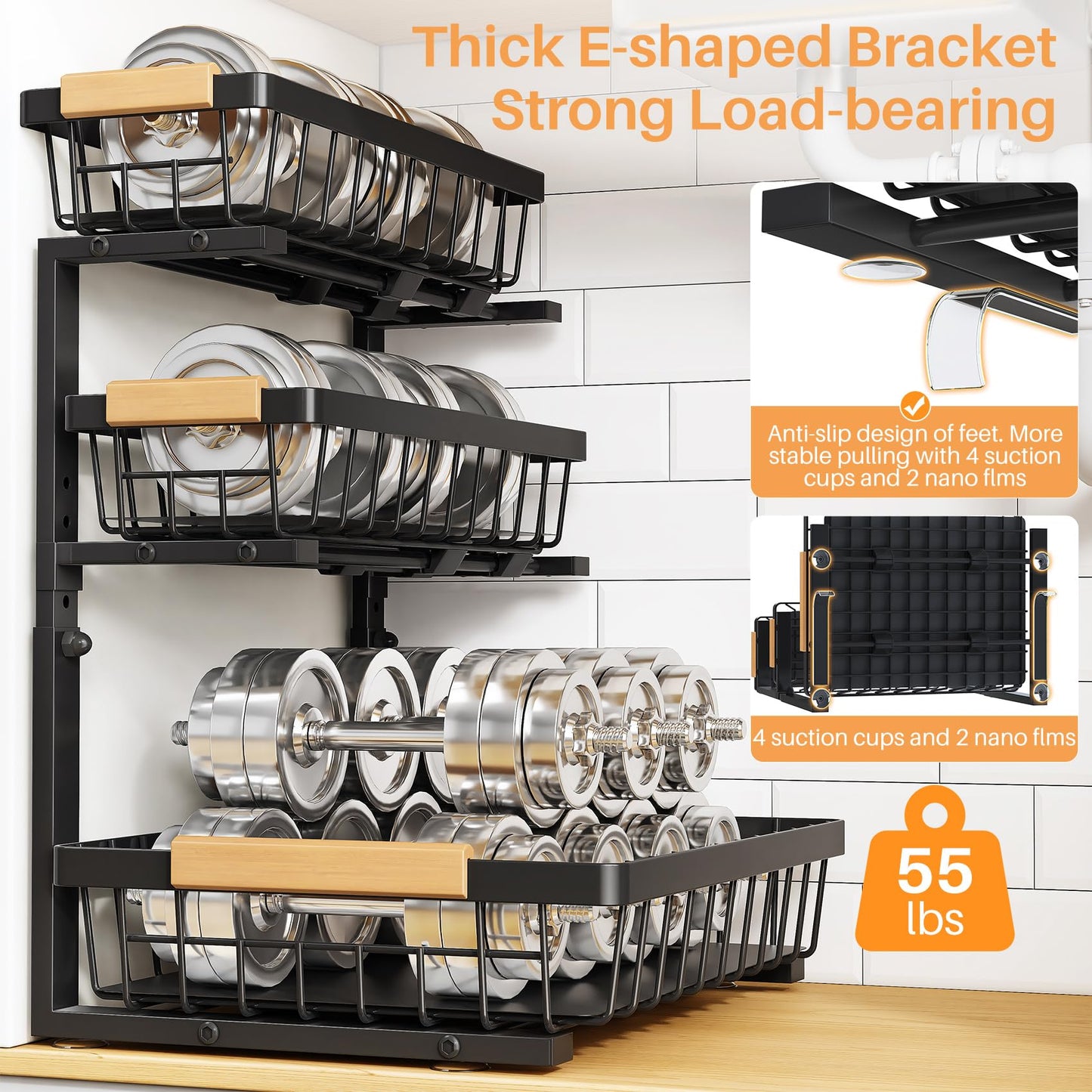 PXRACK Under Sink Organizer, 3-Tier 2-Pack Adjustable Height Pull Out Under Cabinet Organizer, Slide Out Thickened Metal Under Sink Storage for Kitchen Bathroom Laundry Pantry Organization, Black