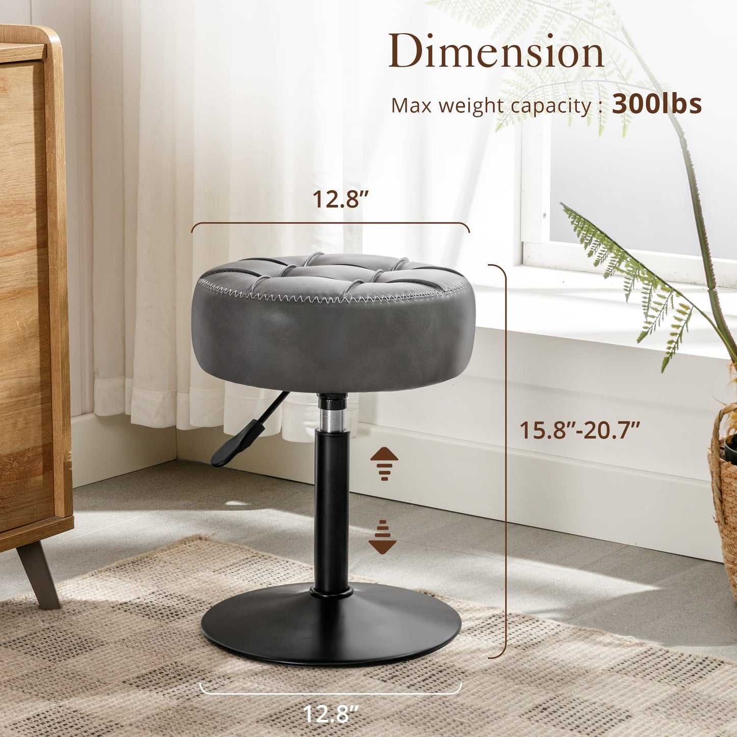 LUE BONA Height Adjustable Vanity Stool 15.8"-20.7", 360° Swivel Gray Faux Leather Chair, 300lb Capacity for Makeup Room, Bathroom