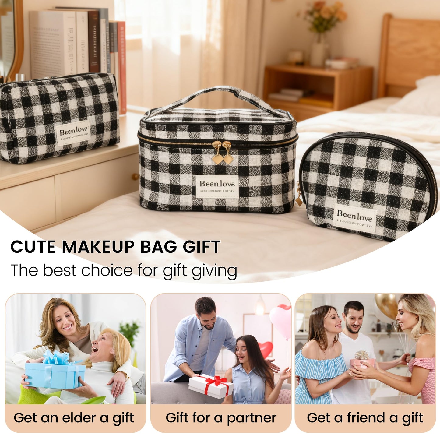 FAELBATY Makeup Bags for Women, 3 PCS Large Travel Makeup Bag Set, Checkered Fabric Cosmetic Bag for Toiletry (Black)