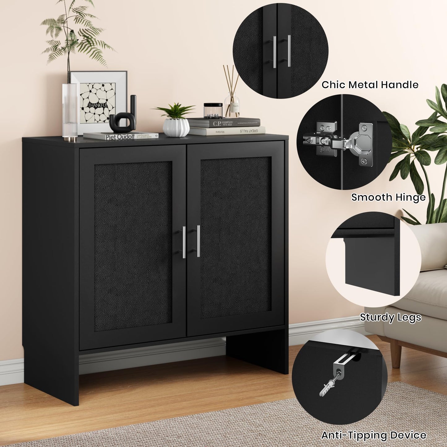 DHZ Buffet Cabinet with Storage, Farmhouse Sideboard with Black Rattan Doors & Adjustable Shelf, 31.5" Narrow Coffee Bar Cabinet, Kitchen Storage Credenza, Entryway Accent Liquor Cabinet