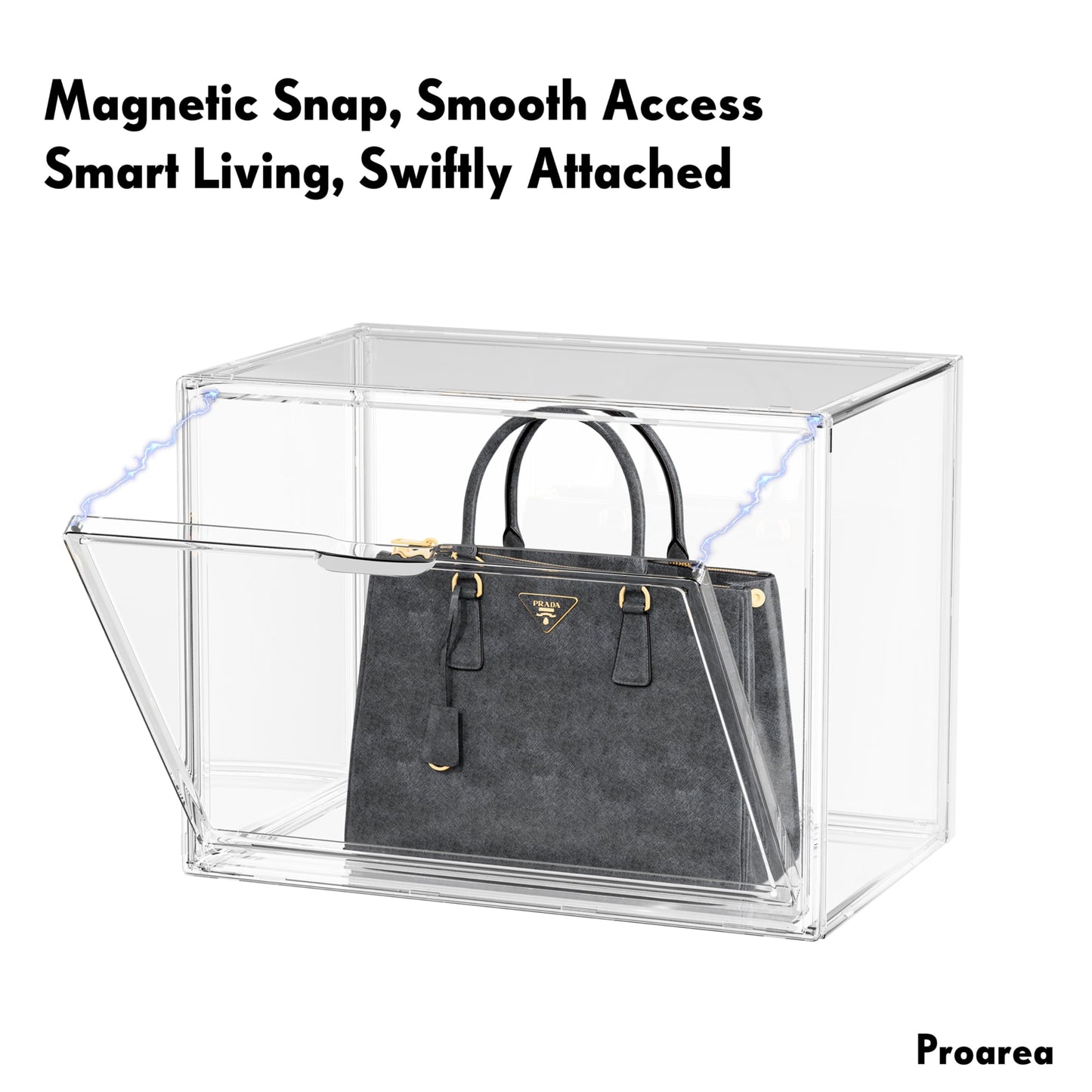 Proarea Clear Acrylic Storage Bins with Lids, 5 Pack Stackable Storage Boxes with Magnetic Front Door, Large Closet Organizers and Storage for Purse, shoes and Collectibles, Acrylic Display Case