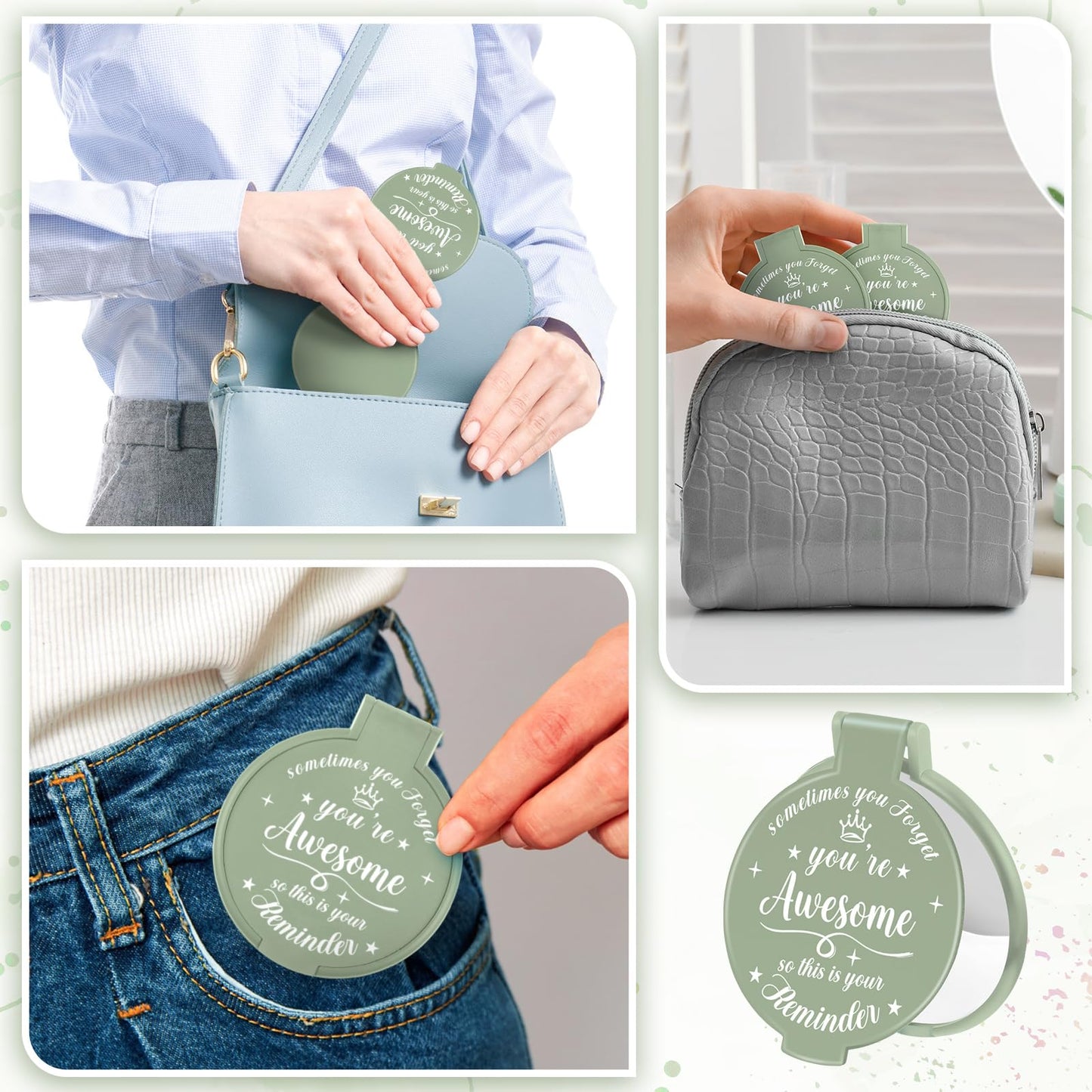 Gulfmew 36 Pcs 2.76 Inch Inspirational Compact Mirror Bulk Women Small Gifts Graduation Mothers Day Party Favors Purse Mirror Pocket Mini Items for Adult Coworker Cheerleader Swag Bag (Sage Green)