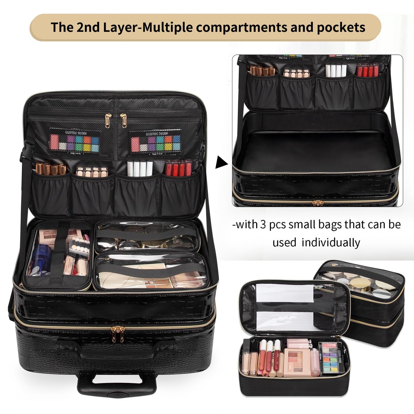 OCHEAL Rolling Makeup Train Case, 18" Carry On Travel Cosmetic Organizer Suitcase,Extra Large Trolley Makeup Storage Case On Wheels,3 Layers with 3pcs Traveling Bags for Hairstylist Cosmetology Artist