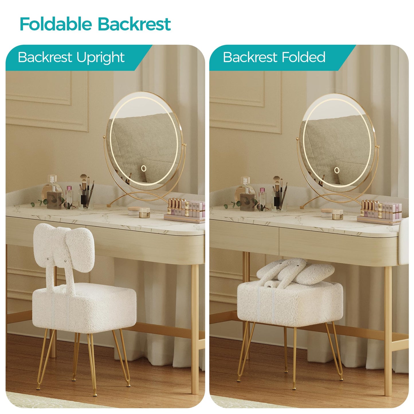 SENGALOTI Small Vanity Stool Chair with Storage and Foldable Back, White