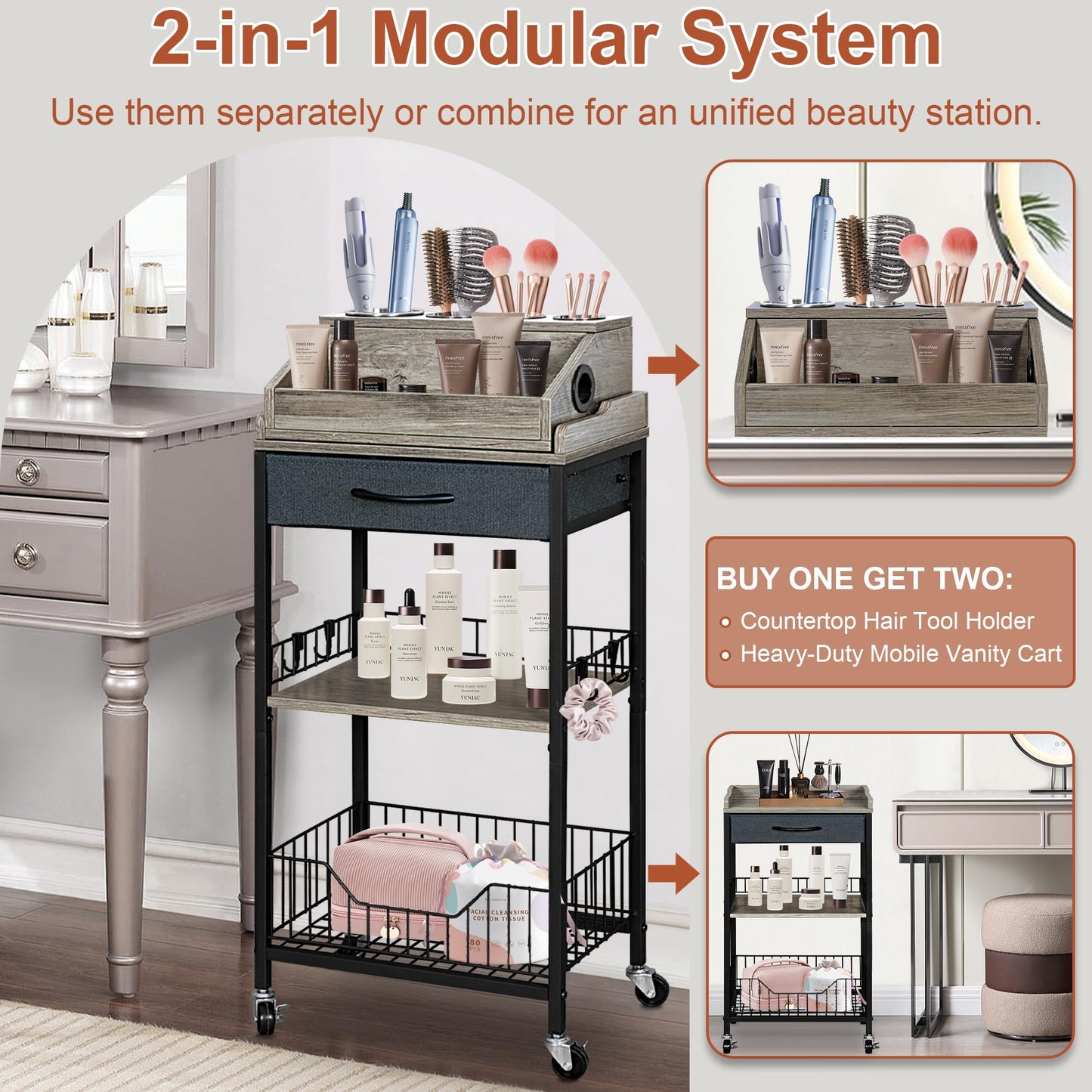 NauwaBarn Makeup Organizer Cart Large, 2-in-1 Beauty Organizer with Wheels & Hair Tool Holder, Makeup Stand with Drawer, Vanity Storage Cosmetics Display Cases for Skin Care Nail Polish Perfume-Black