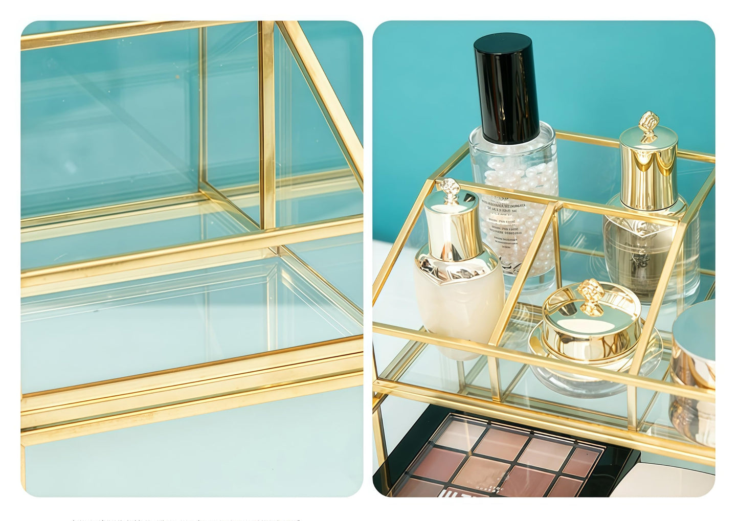 JIARI Glass Makeup Organizer with Drawer, Gold Brass Frame Jewelry Display Box, Nordic Style Cosmetic Storage for Vanity Bathroom Bedroom Office, 9.44x5.43x4.92 Inches (Storage Box-2 Tier)