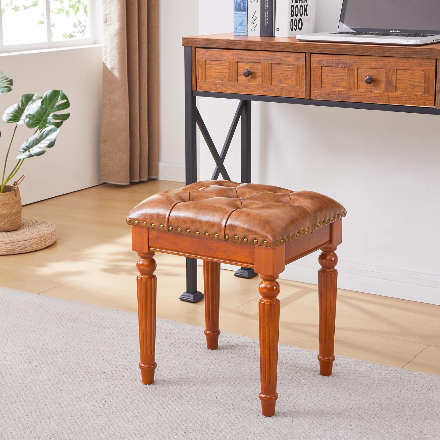 KUKEJCM Microfiber Leather Vanity Stool for Makeup,Solid Wood Carvied Vanity Bench Seat,Convertible Piano Stool and Dining Table Chair with Padded Ottoman,Classic Dressing Table Chair for Bedroom