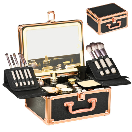 GALHUBIS Makeup Case with Lighted Mirror, Makeup Box Organizer with Detachable LED Mirror, Travel Makeup Train Case, Waterproof Cosmetic Organizer, Standing Makeup Brush Holder, Gift, Black Gold