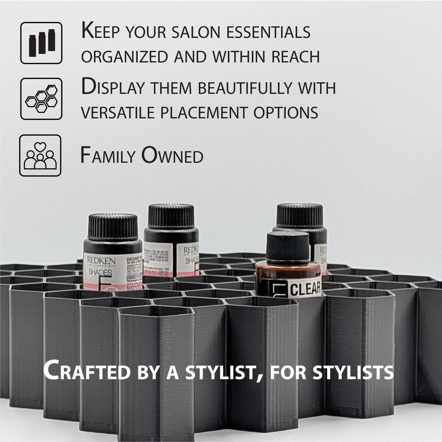 Markvicka Designs Small Bottle Wall Mount Organizer for Shades EQ Storage | Hexagon Style Organizer | Stackable & Wall-Mount Salon Decor for Hair Dye Bottles